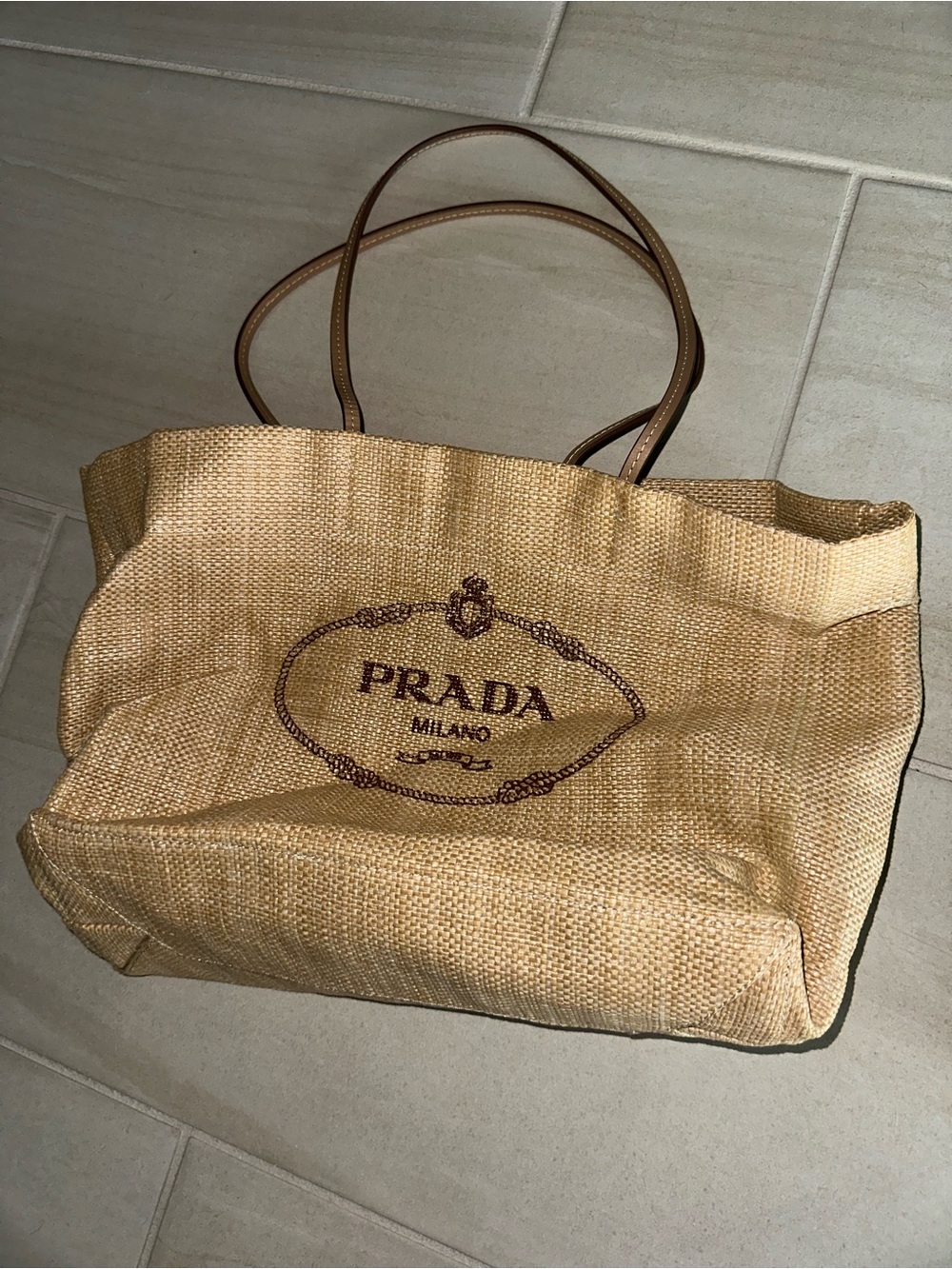 Prada Beige Straw Tote with Brown Leather Handles